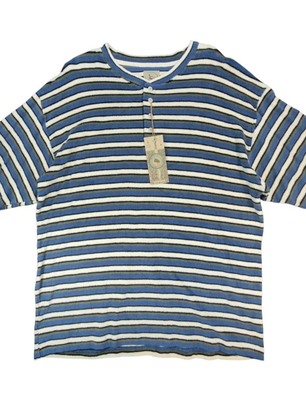 Vintage Ferruche Mens XL Henley Shirt Striped French Terry Blue White NWT 90s